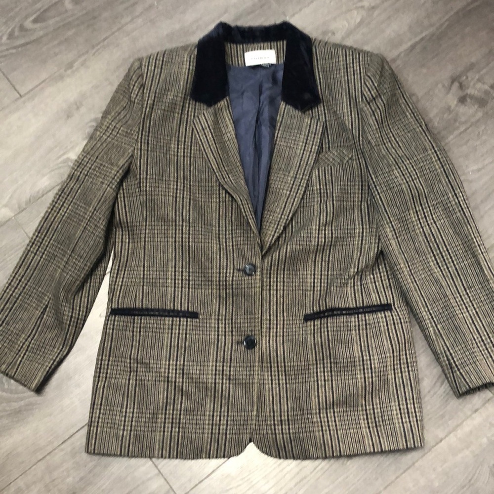 Tribal Plaid Blazer with Velvet Collar in Brown and Navy